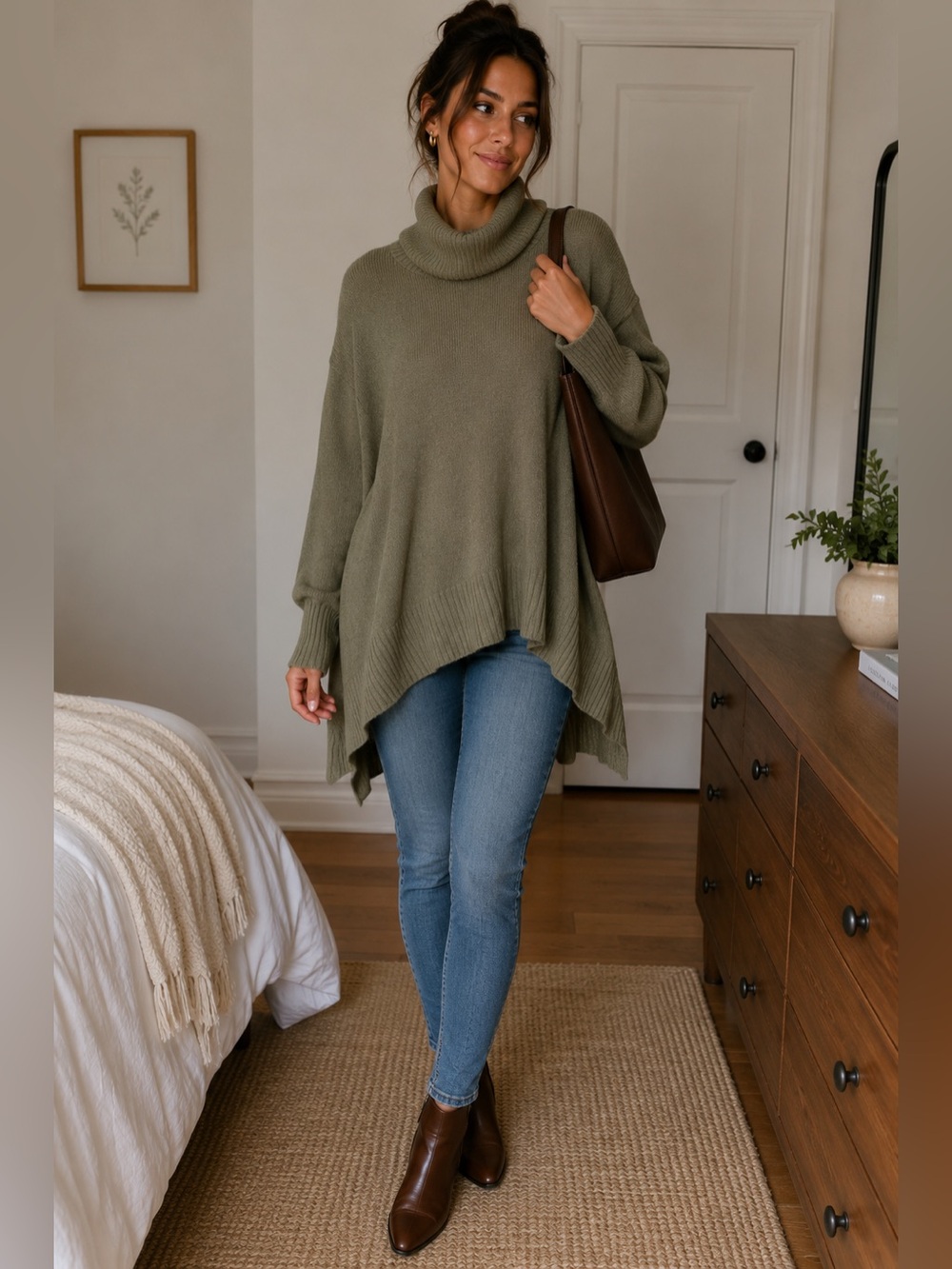 Cozy Olive Turtleneck Asymmetric Sweater